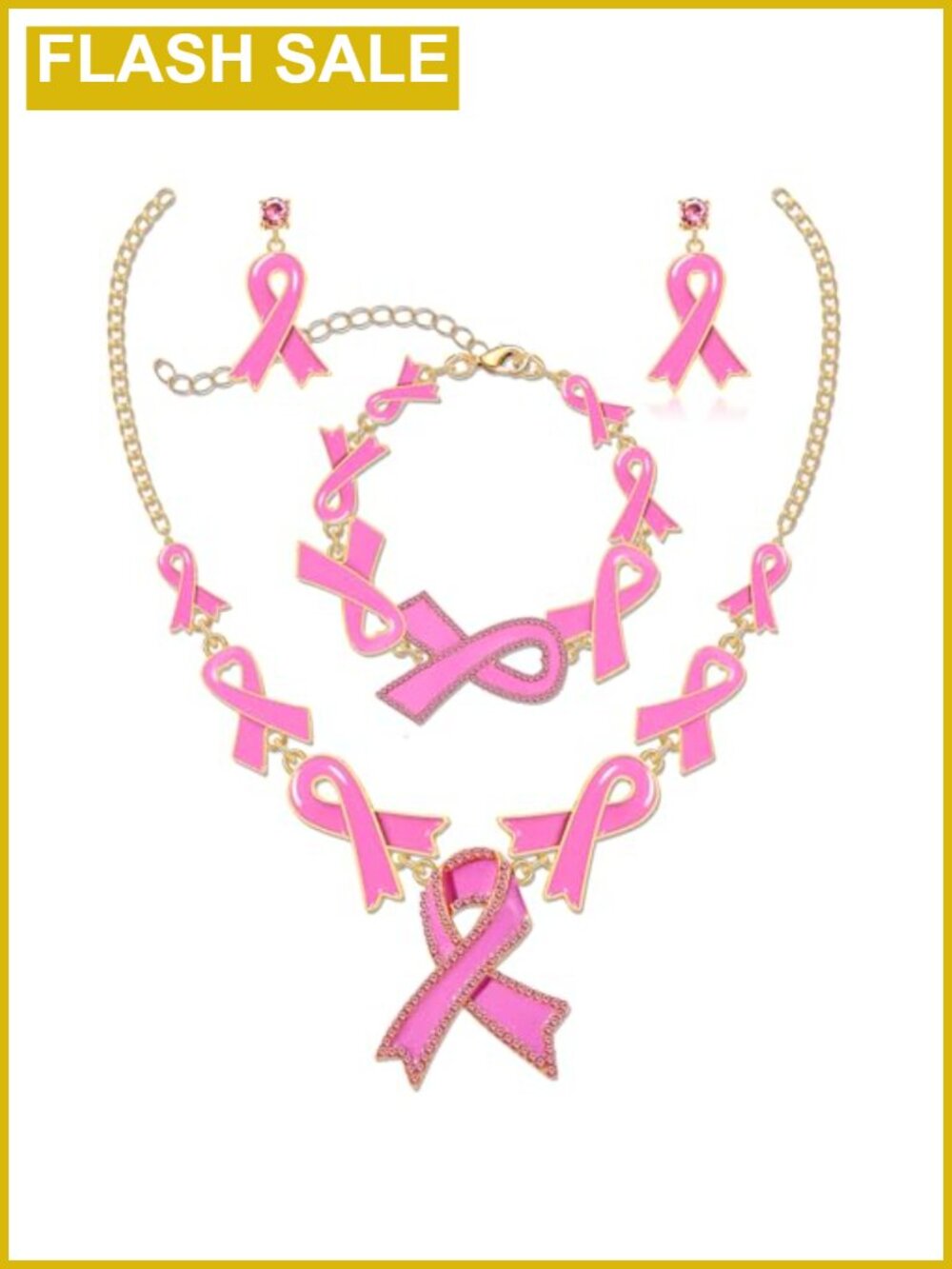 Breast Cancer Awareness Jewelry Set Layered Pink Ribbon Necklace Dangle Earrings